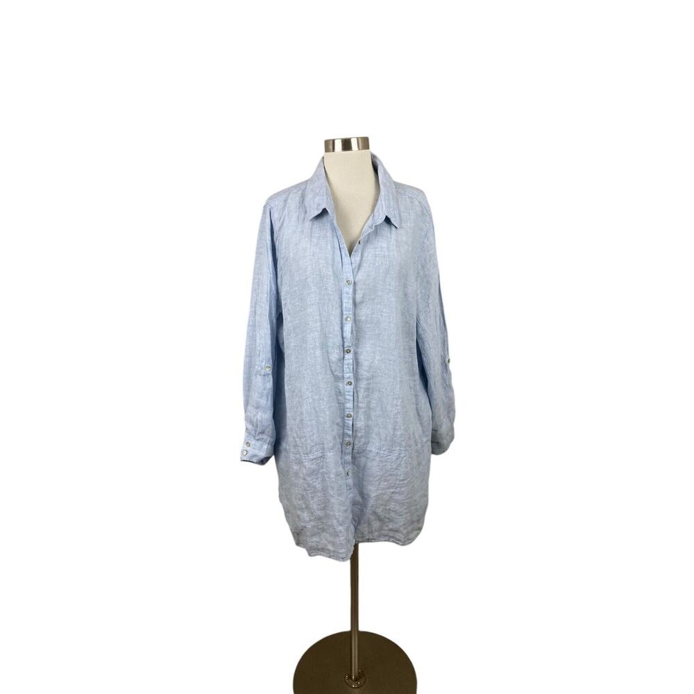Tahari NEW 2X Light Blue 100% Linen Tunic Beachy Coastal Roll Tab Sleeve